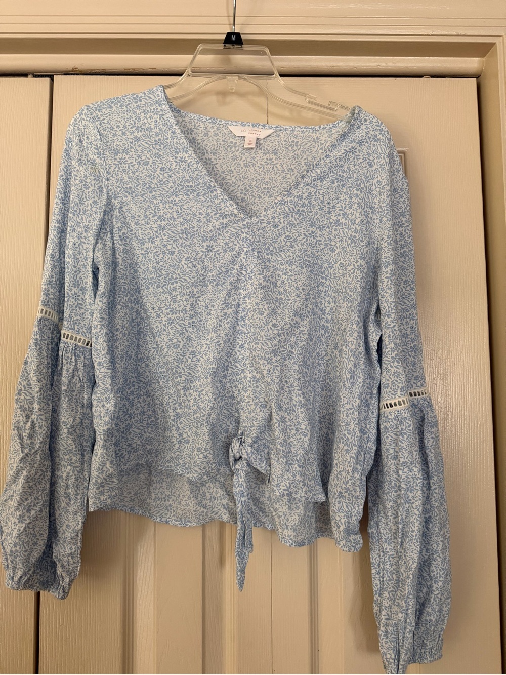 LC Lauren Conrad Pale Blue Floral Tie-Front V-Neck Blouse